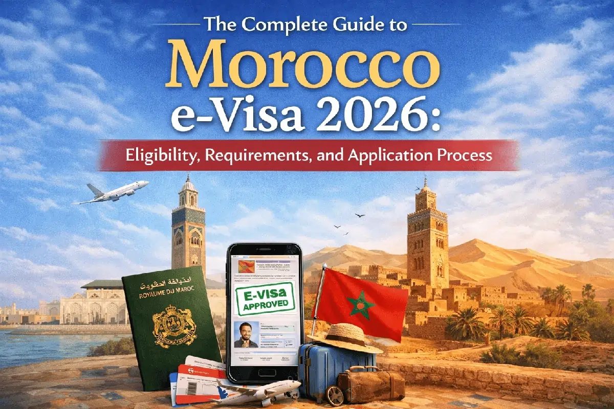 Morocco e-Visa Travel Guide 2026 - Traditional Moroccan Archway and Sunset Cityscape